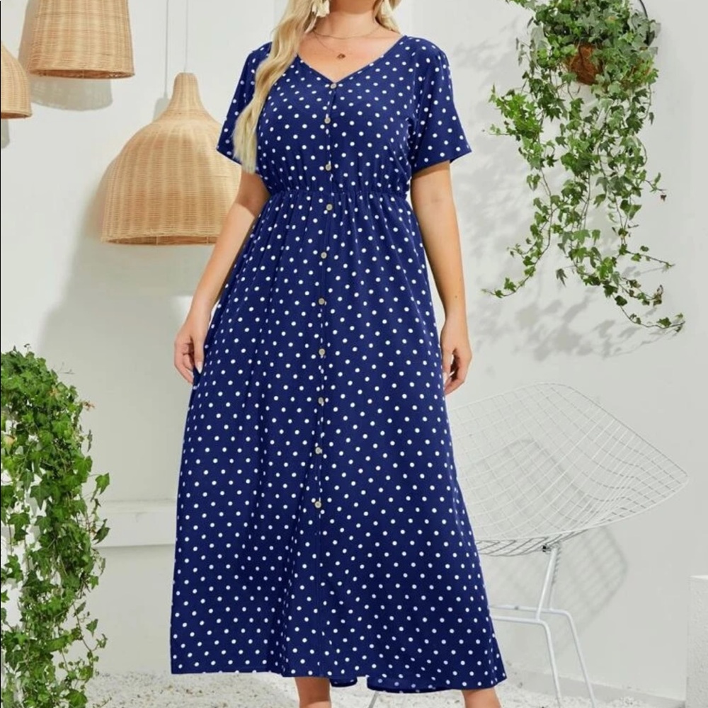Boho Navy blue dress w/polka dots & button detail